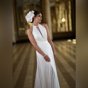 Adornato Couture One Of A Kind Halter Illusion Plunge Low Back Fit/flare